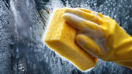 Hand Wearing Yellow Glove Cleaning Glass with Soapy Sponge, Creating Sparkling Clean Results.
