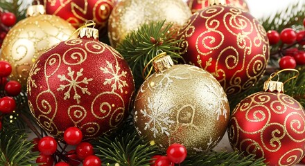 Festive red and gold christmas ornaments with greenery and berries