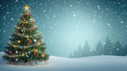 Obraz premium Christmas tree with lights and ornaments in a snowy winter scene with snowflakes falling. Festive holiday decoration, winter landscape, celebration, and holiday spirit.