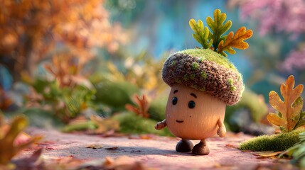 Detailed illustration of a charming acorn cartoon character wearing a decorative hat with oak leaves in a vibrant autumn setting