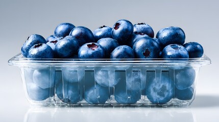 Artistic Macro Photograph Showcasing Fresh Blueberries in a Durable Plastic Container with Vivid Colors on a Smooth White Backdrop