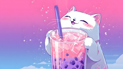 Exquisitely Detailed and Cheerful Vector Rendering of a Kawaii Cat Relishing a Beverage with Playful, Creative Elements and Vibrant Colors