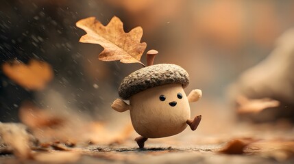 Artistic depiction of a lively acorn character wearing an oak leaf hat, immersed in a nostalgic, watercolored autumn atmosphere