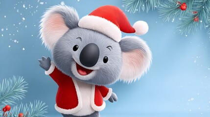 Delightful Cartoon Koala Bear with Festive Santa Hat and Red Suit Celebrating the Holidays with a Waving Gesture and Ample Copy Space