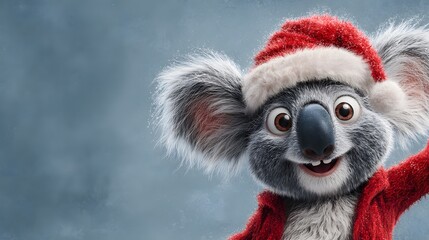 Adorable Illustrated Koala Bear in a Jolly Santa Hat and Vibrant Red Outfit with Extended Copy Space for Holiday Graphic Designs