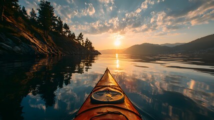 Sunrise Kayaking Adventure through Serene Waters with Dynamic Reflections and Golden Morning Light in a Vibrant Natural Landscape