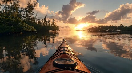 Sunrise Kayaking Adventure through Serene Waters with Dynamic Reflections and Golden Morning Light in a Vibrant Natural Landscape