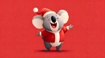 Delightful Cartoon Koala Bear with Festive Santa Hat and Red Suit Celebrating the Holidays with a Waving Gesture and Ample Copy Space