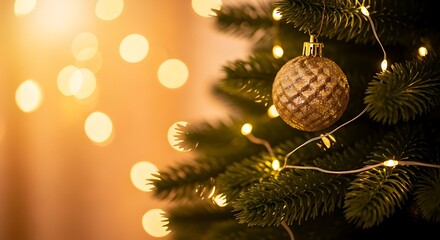 Golden christmas ornament and twinkling lights on a festive evergreen tree