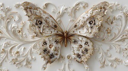 Luxurious 3D Butterfly Artwork on a Clean White Backdrop with Intricate Relief Mural and Floral Digital Wallpaper Design