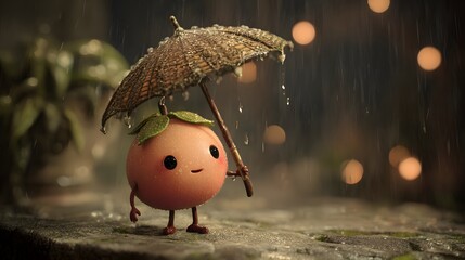 Enchanting animated representation of a passion fruit hero sheltered by an artfully detailed umbrella during a refreshing, drizzling rain in a magical atmosphere