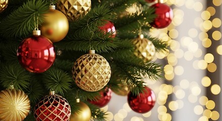 Close up of a decorated christmas tree with red and gold ornaments and bokeh lights