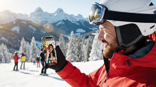 Man enjoying a sunny day skiing, capturing memories with a video call on his smartphone amidst stunning snow-covered mountain scenery and fellow winter sports enthusiasts