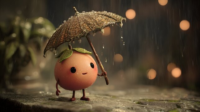 Enchanting animated representation of a passion fruit hero sheltered by an artfully detailed umbrella during a refreshing, drizzling rain in a magical atmosphere