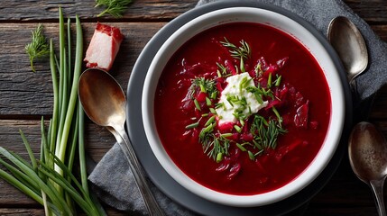 Hearty soup in a white bowl, surrounded by fresh ingredients and silverware, offering a delicious presentation.