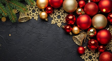 Festive christmas ornaments and evergreen garland on dark textured background