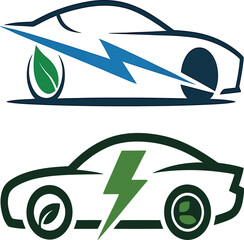 Eco Electric Car Line Icon – Green Vehicle with Leaf and Lightning Bolt Vector