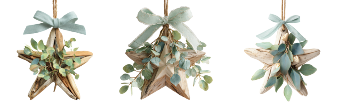 Driftwood Star Ornaments with Greenery isolated on a transparent background - Powered by Adobe