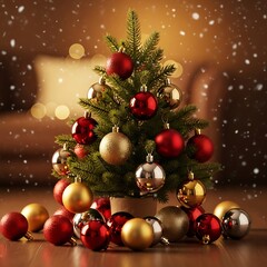 Festive christmas tree decorated with red and gold ornaments and falling snow