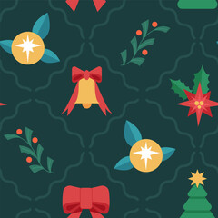 Seamless Festive Pattern with Christmas Ornaments on a dark background. Perfect for Christmas Greeting Cards, Wrapping, Textile, Wallpaper. Vector Illustration.