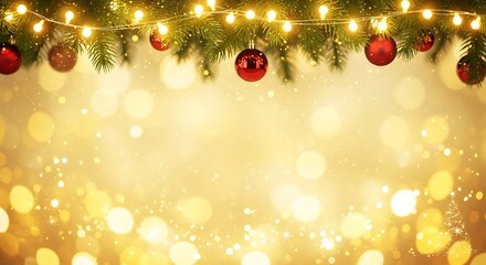 Festive christmas garland with red baubles and warm bokeh lights background