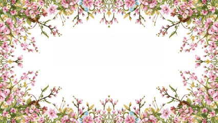 Fototapeta premium Floral border with pink cherry blossoms and green leaves framing an empty white space in the center.