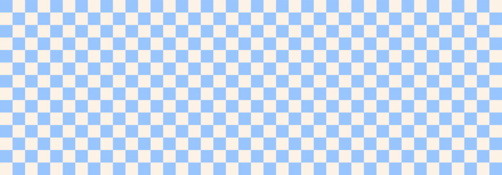 Handdrawn Checkerboard Background. White checker pattern with blue sea motif for a funky table decor and retro wallpaper bg..