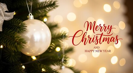 Close up of a white christmas ornament on a decorated tree with bokeh lights