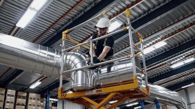 worker on scissor lift inspecting ductwork, hardhated technician adjusts stainless ventilation elbow