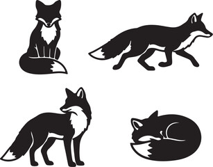 Fototapeta premium Four black silhouette illustrations of foxes in different poses vulpine animal on transparent background