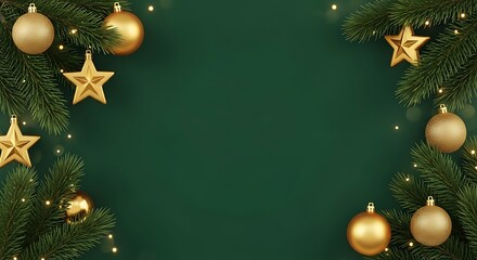 Festive christmas garland border with golden ornaments and stars on green background