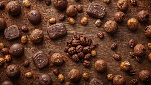 Assorted chocolates and nuts scattered on a wooden surface with the old image name 8070.