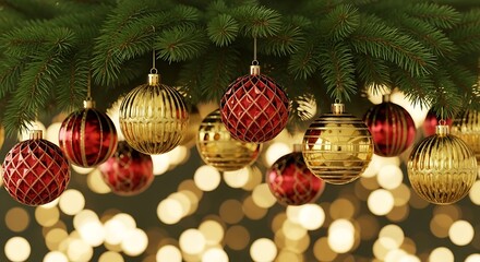 Close up of festive red and gold christmas ornaments hanging on a fir tree with bokeh lights