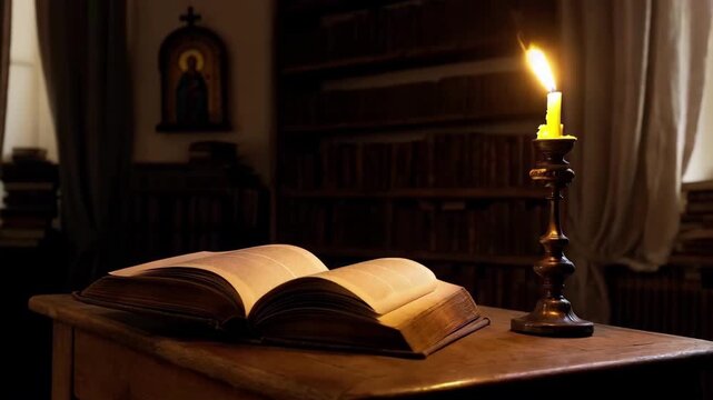 An open book on the table illuminated by a candle