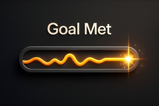 Digital screen congratulating a "Goal Met" achievement, featuring a dynamic, glowing golden soundwave or progress bar culminating in a bright, celebratory starburst on a dark, sleek background.