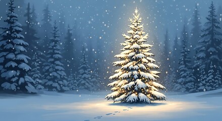 Illuminated christmas tree stands tall in a snowy winter forest