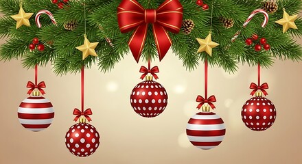 Festive christmas garland with red bow and ornaments hanging