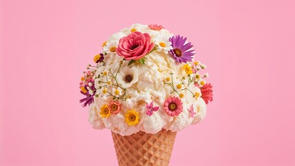 Colorful floral ice cream cone with flowers and pink background. Concept of summer, dessert, and freshness. The idea of floral and sweet treat.
