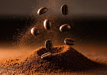 Closeup shot of coffee beans falling into a pile of coffee grounds with a dark background
