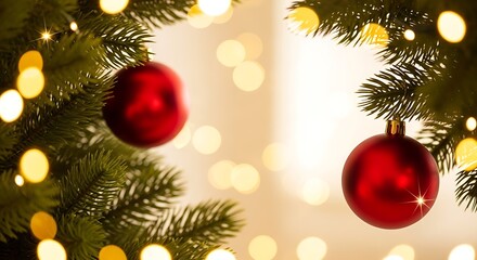 Close up of red christmas ornaments hanging on a decorated evergreen tree with warm bokeh lights