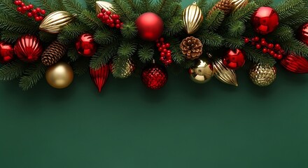 Festive christmas garland with red and gold ornaments on a deep green background