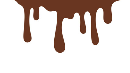 Melted chocolate or syrup drips isolated on a white background. Flowing liquid chocolate border element. A sweet brown syrup or sauce that melts and drips.