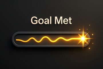 Digital screen congratulating a "Goal Met" achievement, featuring a dynamic, glowing golden soundwave or progress bar culminating in a bright, celebratory starburst on a dark, sleek background.