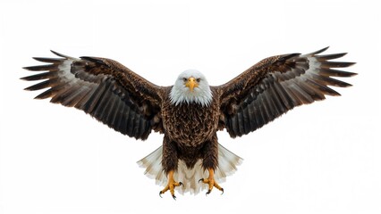Naklejka premium A majestic eagle in flight with wings fully spread against a white background.