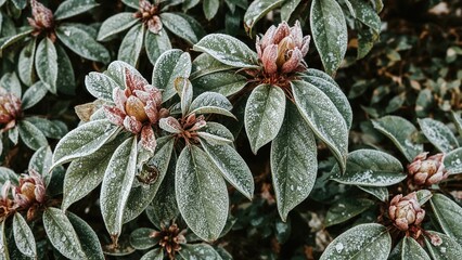 Fototapeta premium Frosted green leaves and flower buds on a shrub.