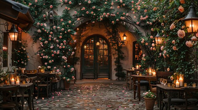 outdoor restaurant with roses and candles at night