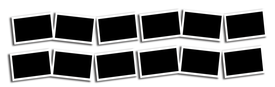 Photo frame, black blank square template for photo display, scrapbook design, memory board, vintage style, isolated on transparent background, 12 photo.