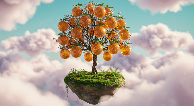 Orange Tree on Floating Island in Sky Concept