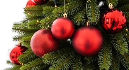 Close up of shiny red christmas ornaments hanging on a green fir tree