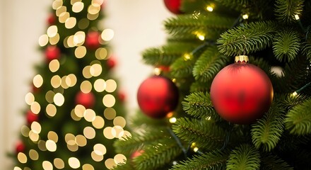 Close up of a decorated christmas tree with red ornaments and warm lights